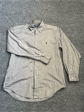 Ralph Lauren Men's Light Gray Pinstripe Button-Down Shirt, 100% Cotton, Small